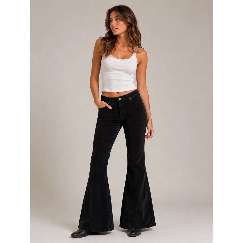 Rock & Roll Cowgirl Corduroy Pants Bell bottom Flare Womens 28x34 Mid Rise Black